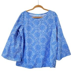 J. McLaughlin Paisley Flare Sleeve Blouse Long Sleeve Cotton Womens Large Blue